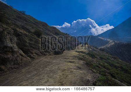 mountain landscape with a background of sulfur miners equipment