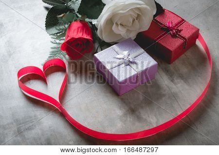 Valentine's Day Background,red Heart With Red White Rose ,ribbon