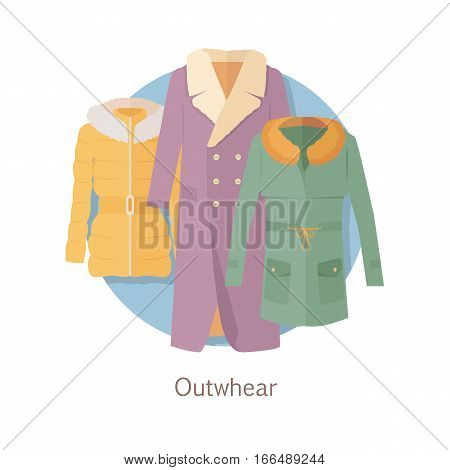 Outerwear web banner. Winter collection. Stylish fashionable woman coat garment from popular designers. Best world brands trends. New collection of outwear models. For store, boutique ad. Vector