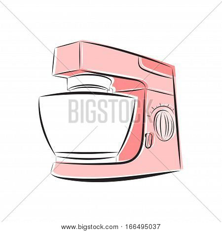 Vector illustration of a food processor in shades of pink on a white background.
