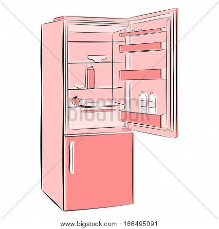 Vector illustration of refrigerator with an open top section in shades of pink on a white background.