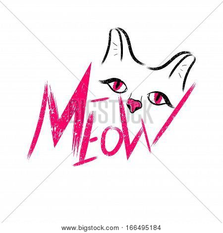 Vector illustration kitten calligraphy sign for printing. Cute cat poster with the words, ears, eyes and the sound meow.