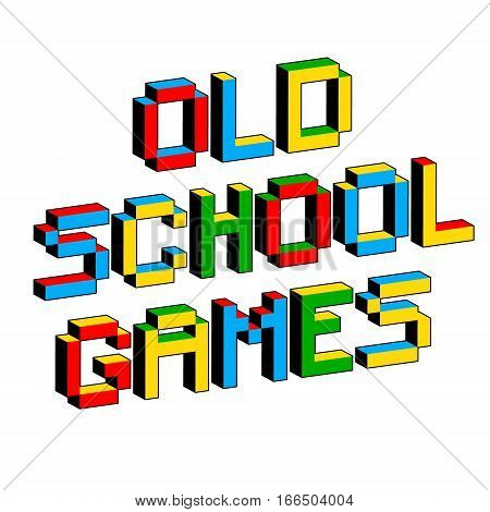 Old School Games text in style of old 8-bit video games. Vibrant 3D Pixel Letters. Fun colorful vector illustration. Flyer poster template. Computer program console screen retro arcade