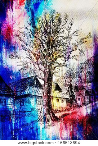 lime tree in old time mountain willage, pencil drawing collage with color effect and abstract background