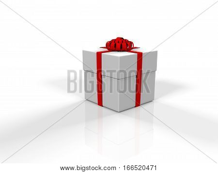 3d render A box tied with a red ribbon on a white background