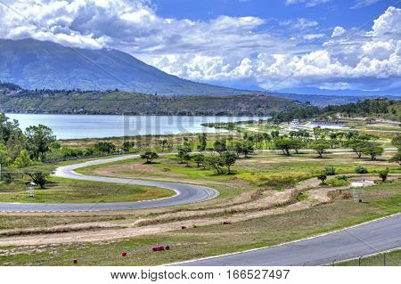 Auto race track Yahuarcocha, empty, on a sunny summer day