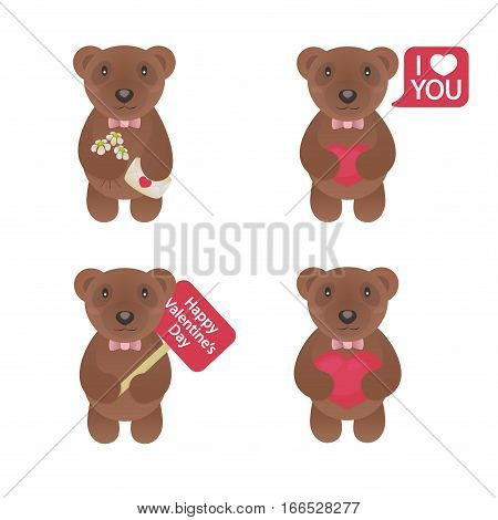 Valentine bear set with flowers and lovely letter, heart, sign i love you and congratulation. Vector Illustration