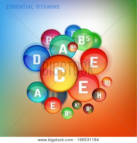 Essential vitamin complex. Beautifyl creative background with different colourful vitamins in glossy pills. Vector illustration in bright colours. Medical, dietary and pharmaceutical image.