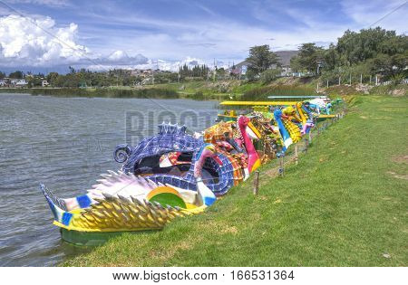 Colorful boats in animal shapes at the shore of lake Yahuarcocha in Ecuador