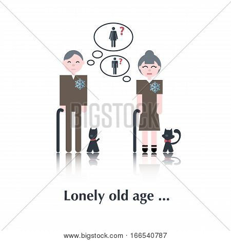 Old People icon, pictogram.Concept of relationships, old people, female, cat, dog, speech bubble over white and text Lonely old age in flat style