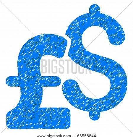 Dollar And Pound Currency grainy textured icon for overlay watermark stamps. Flat symbol with dust texture. Dotted vector blue ink rubber seal stamp with grunge design on a white background.