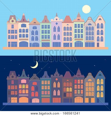 Old city buildings. Day and night cityscape. Vector flat illustration.