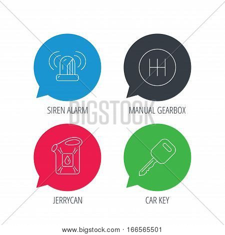 Colored speech bubbles. Manual gearbox, jerrycan and car key icons. Siren alarm, fuel jerrycan linear signs. Flat web buttons with linear icons. Vector