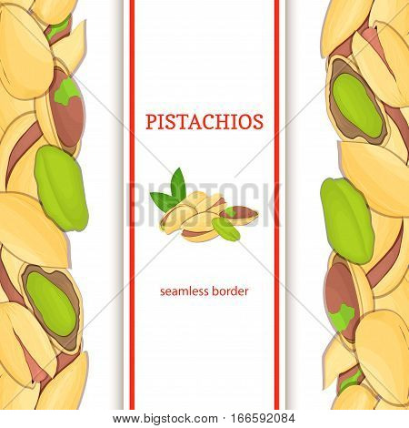 Pistachios nut vertical seamless border. Vector illustration with composition of a delicious pistacia nut fruit in the shell whole shelled leaves appetizing looking for packaging design healthy food