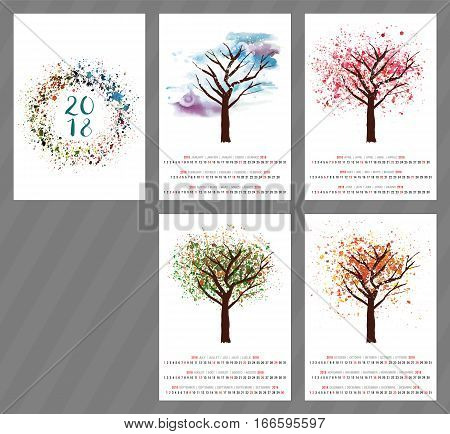 A scalable vector calendar for the year 2018 with a watercolor and vector drawing of a tree changing as the seasons change, with four pages and a cover with an abstract texture, with copyspace