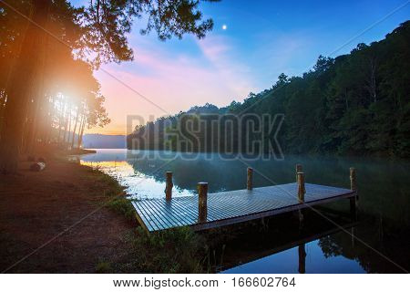 beautiful sun rising sky scenic at pang ung most popular traveling destination in mae hong son northern of thailand