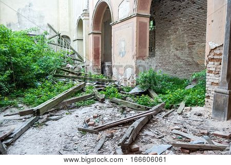 inside of ruined baroque church close up
