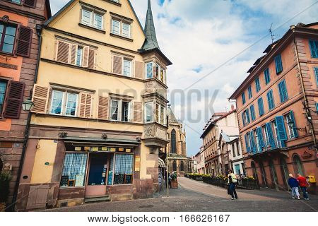 Panoramic View On Old Street With Half Timbered Houses In Colmar, France.