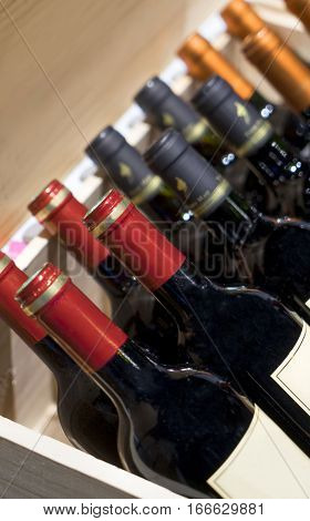 wine shop. wine bottles on display in the chest