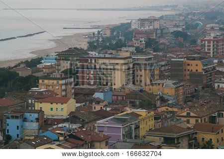Aerial view of Grottammare on rainy day, Marche