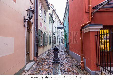 RIGA LATVIA - 2ND JAN 2017: A view along Torna Iela in Riga during the day showing the outside of shops and restaurants.