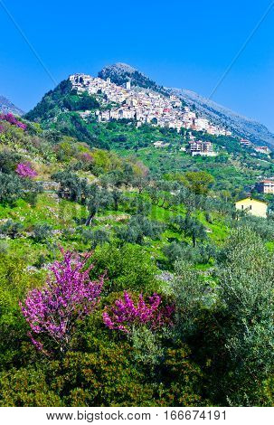 Italy Cilento panoramic view of Castelcivita over the countryside