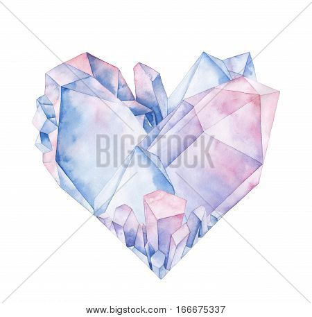 Watercolor crystals in the shape of heart. Hand drawn Valentine day design in pastel colors isolated on white backgroundd