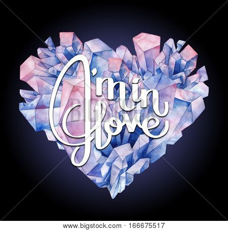 Watercolor crystals in the shape of heart. Hand drawn Valentine day design in pastel colors isolated on dark backgroundd