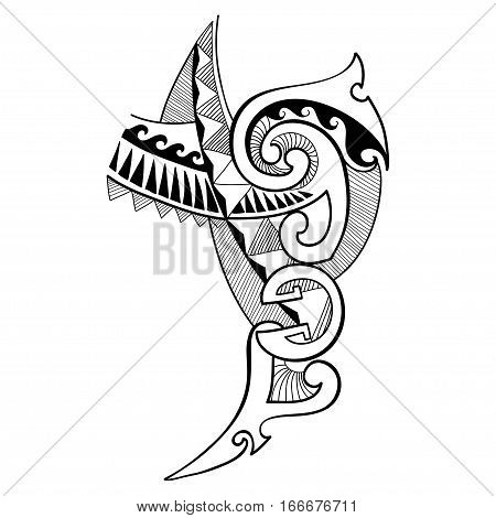 Vector illustration of Polynesian tattoo design drawing in black isolated on white background. Tribal, symbolic geometry, lines and triangles in contour style for Maori tattoo art.