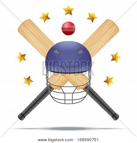 Vector Symbol of cricket leather ball and wooden bats and helmet. Illustration of sports. Isolated on white background.