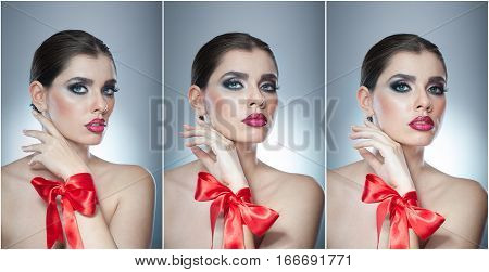 Hairstyle and Make up - beautiful female art portrait with red ribbon. Elegance. Genuine Natural brunette with ribbon - studio shot. Portrait of a attractive woman with beautiful eyes and red lips