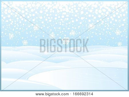 Clean Winter Day Landscape. Snowdrift Field with Frozen Lake. Abstract Xmas Backdrop for Your Text and Design.