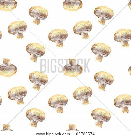 Mushroom champignon on white background. Watercolor hand made. Seamless colorful pattern. Could be used for textile or in design
