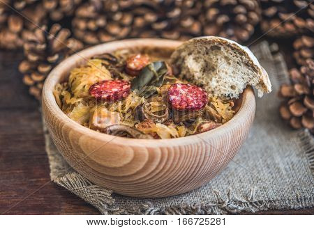 Traditional Sour Cabbage Soup with Sausage and Mushrooms