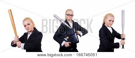 Businesswoman with baseball bat on white
