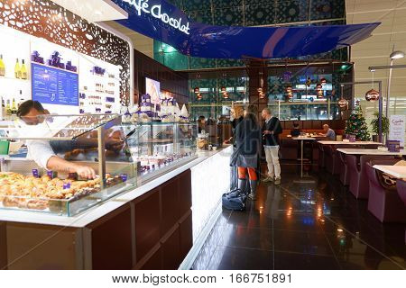 DUBAI, UAE - CIRCA NOVEMBER, 2016: inside Dubai Airport. There are a lot of restaurants, bars, cafes and shops in Dubai International Airport. Almost all of them are open twenty-four hours.