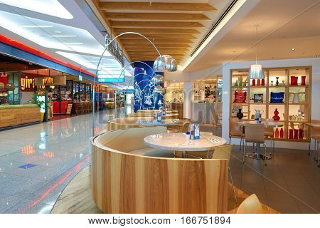 DUBAI, UAE - CIRCA NOVEMBER, 2016: inside Dubai Airport. There are a lot of restaurants, bars, cafes and shops in Dubai International Airport. Almost all of them are open twenty-four hours.