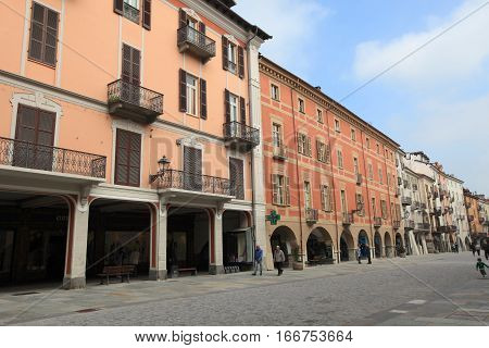 CUNEO, ITALY - MAY 6, 2015: Historic old town of Cuneo on May 6, 2015 in Cuneo, Italy. It is the capital of the province of Cuneo and is one of the most visited cities in Piedmont.