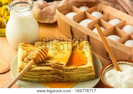 ingredients for making pancakes, pancakes and eggs