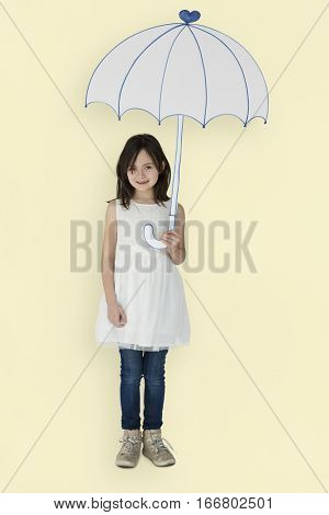 Portrait of a Little Caucasian Girl Smiling with an Umbrella Isolated