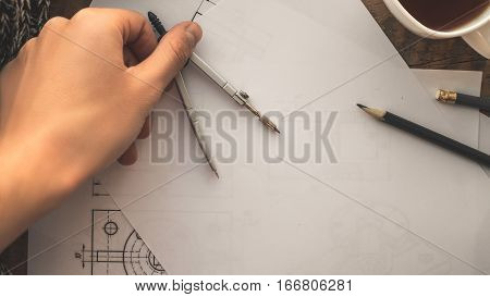 The Workplace of Designer. White sheet, Circinus