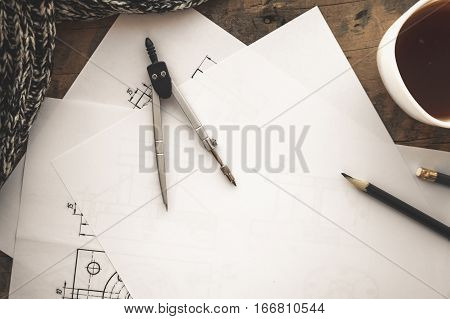 The Workplace of Designer. White sheet, Circinus