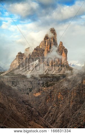 Morning view of Drei Zinnen or Tre Cime di Lavaredo with beautiful cloudy sky Sextener Dolomiten or Dolomiti di Sesto South Tirol Dolomites mountains view Italian Alps