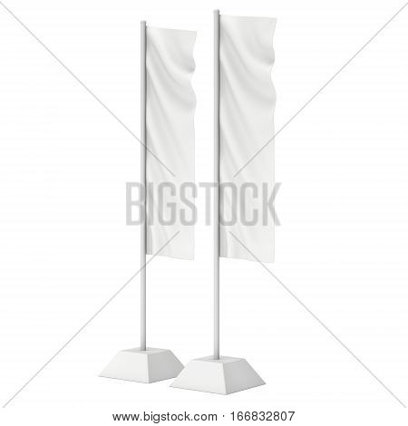 Flag Blank Expo Banner Stand. Trade show booth. 3d render illustration isolated on white background. Template mockup for your expo design.