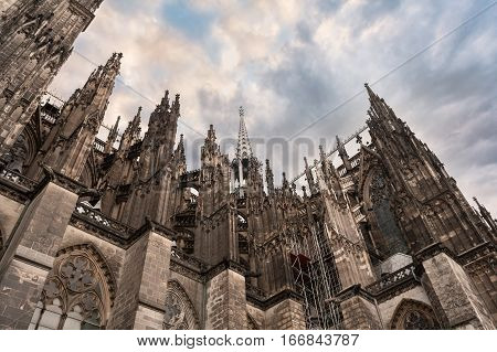 Cologne Cathedral in Cologne, Germany. Details of the facade. The Dom - Roman Catholic Gothic cathedral