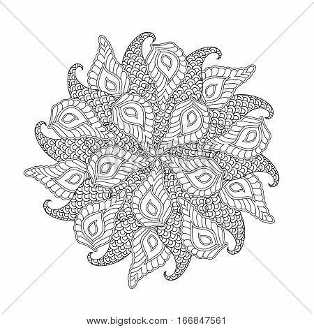 Graphic Mandala with abstract leafs and shapes . Zentangle inspired style. Coloring book page for adults and older children. Art vector illustration