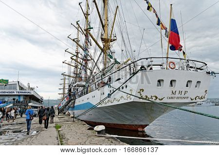 VARNA, BULGARIA - APRIL 30, 2014: Varna is a host of the international maritime event - the SCF Black Sea Tall Ships Regatta. The Russian 