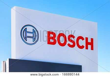 SAMARA RUSSIA - MAY 29 2016: Emblem Bosch against the blue sky. Robert Bosch LLC is a multinational engineering and electronics company