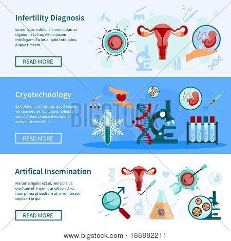 Artificial insemination horizontal banners set with motherhood symbols flat isolated vector illustration