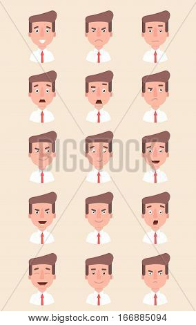 Office man emotion face vector illustration. Fear, joy, anger, pleasure  Flat Vector Cartoon
